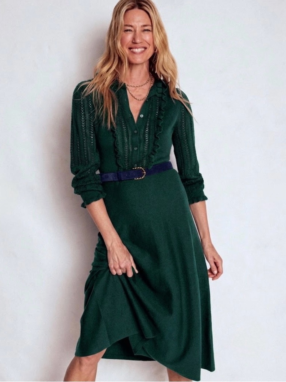 Boden Glade Green Ruffled Knit Midi Dress